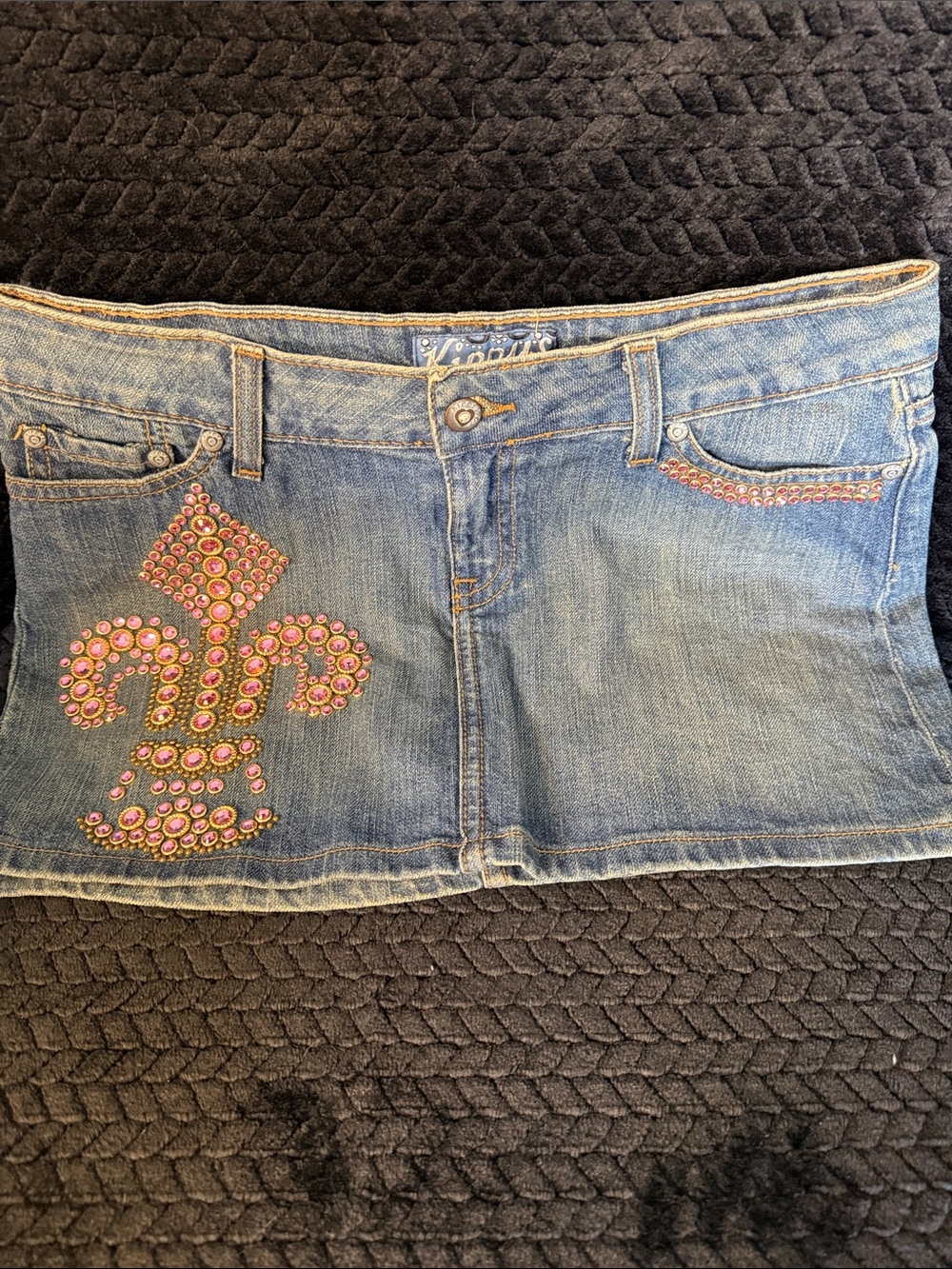 Kippys Blue Denim Mini Skirt with Pink Stud Fleur-de-Lis